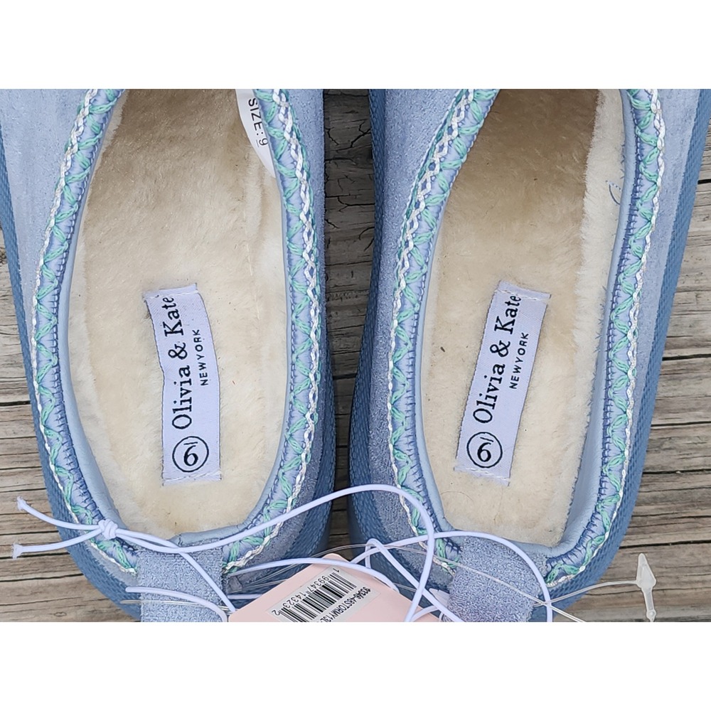 Olivia & Kate Stormy Blue Platform Suede Faux Fur Lined Slippers Womens 9 NEW - Picture 2 of 4